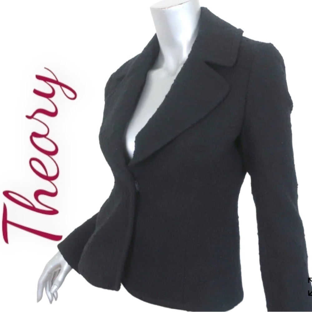 THEORY Black Tweed Snap‎ Front Wool Blazer Jacket, Size 6